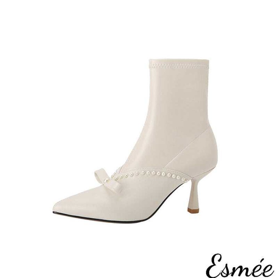 Shoes Esmée | Leather High Heel Ankle Boots With Bow Knot And Pearl Design