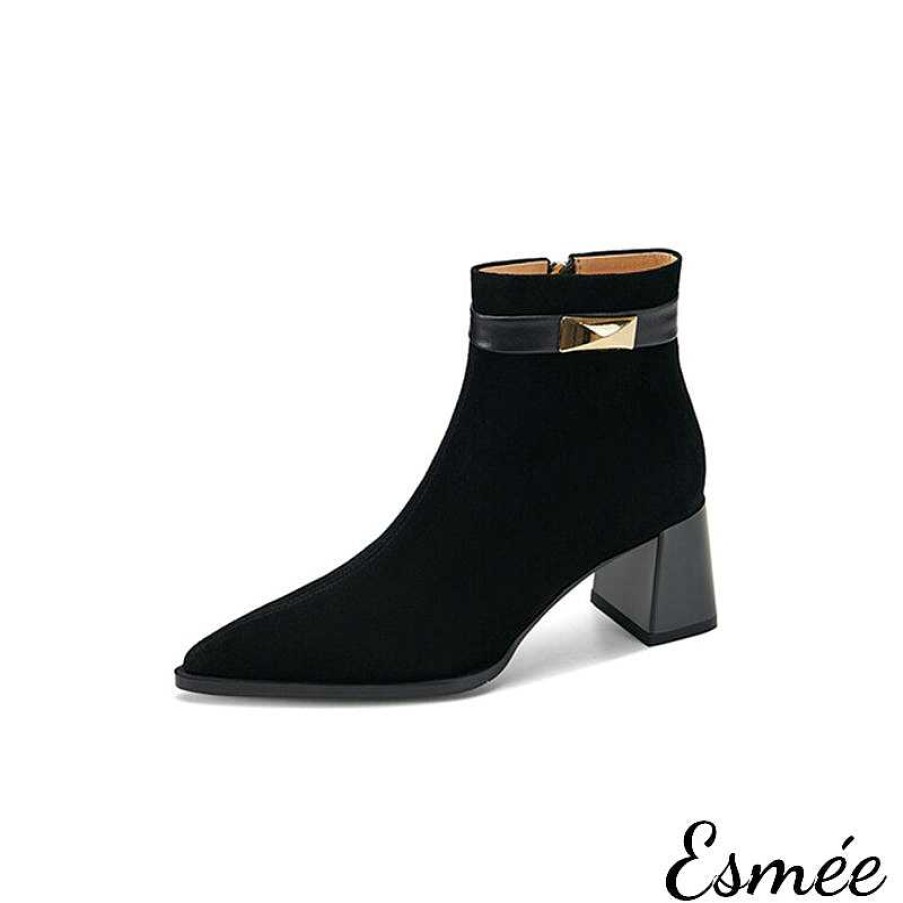 Shoes Esmée | Suede Pointy Toe High Heel Ankle Boots With Metal Buckle Design