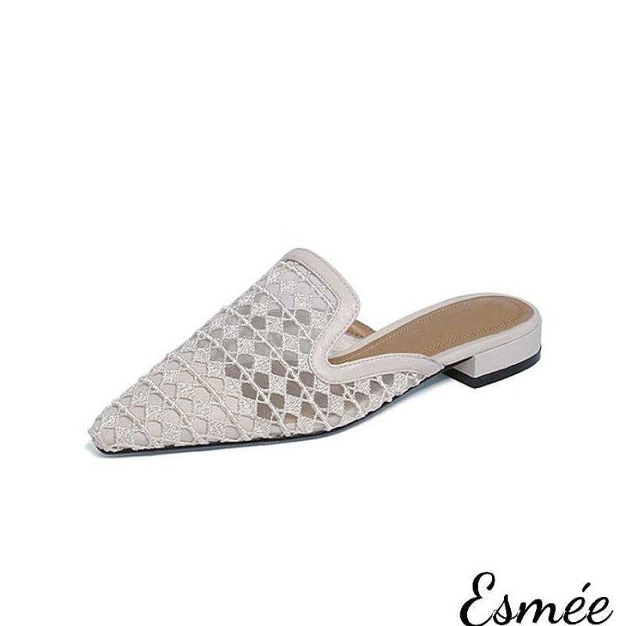 Shoes Esmée | Embroidered Cotton Mules With Open Mesh Design Beige