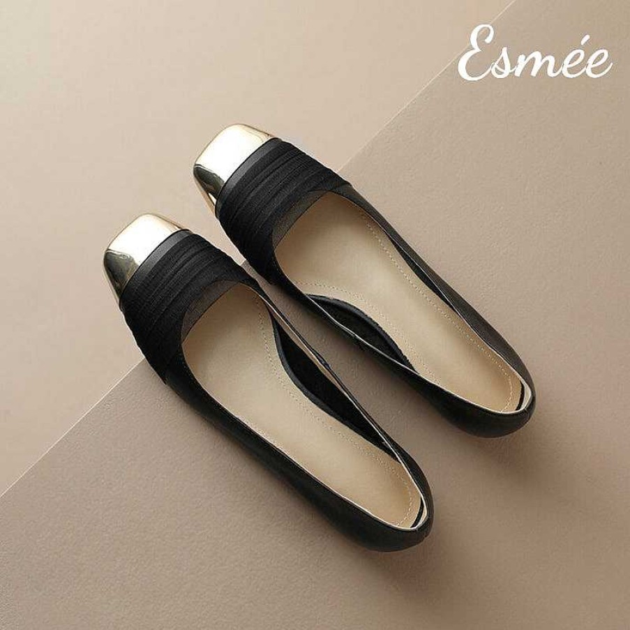 Shoes Esmée | Leather Flats With Gauze Design And Golden Toe Cap