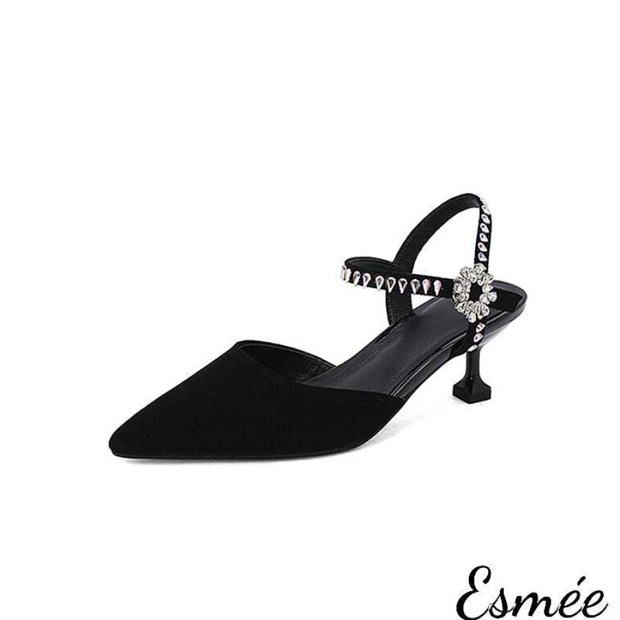 Shoes Esmée | Suede High Heel Sandals With Diamond Straps Black