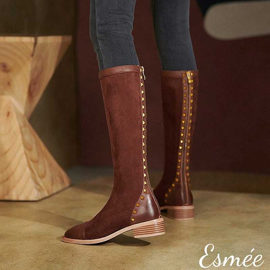 Shoes Esmée | Suede Long Boots With Rivets And Leather Toe Cap Design