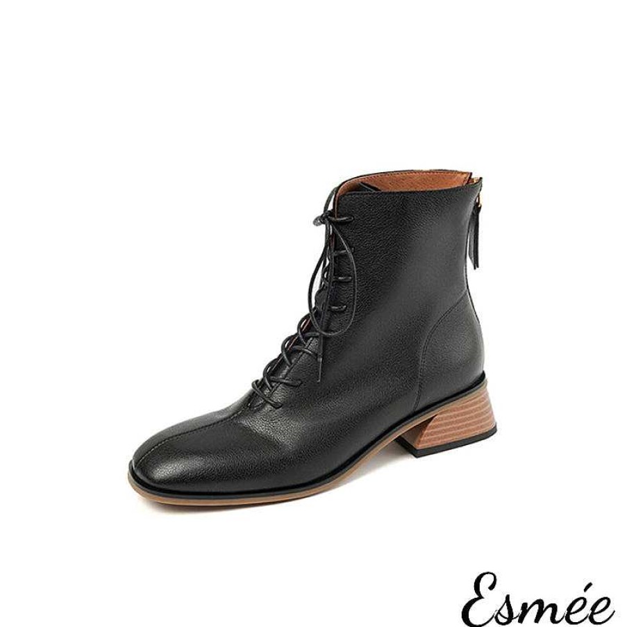 Shoes Esmée | Leather High Heel Marten Boots With Round Toe Design