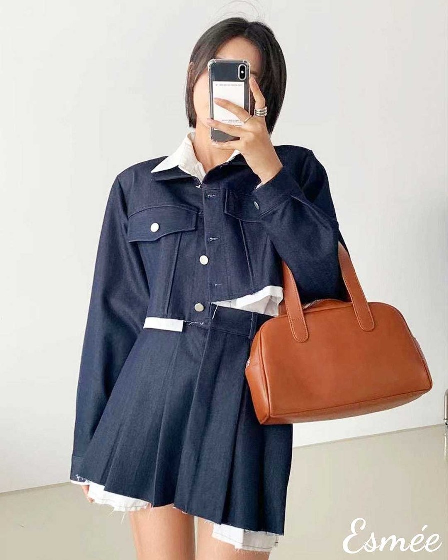 Clothing Esmée | Korean Denim Pleated Dress With Contrast Layering Design