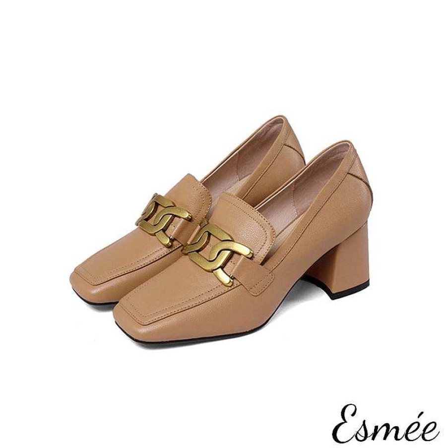 Shoes Esmée | 6 Cm Block Heel Leather Loafers With Metal Buckle