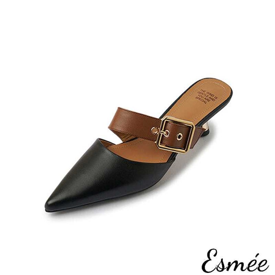 Shoes Esmée | Leather High Heel Mules With Dual Color Thick Buckle Straps