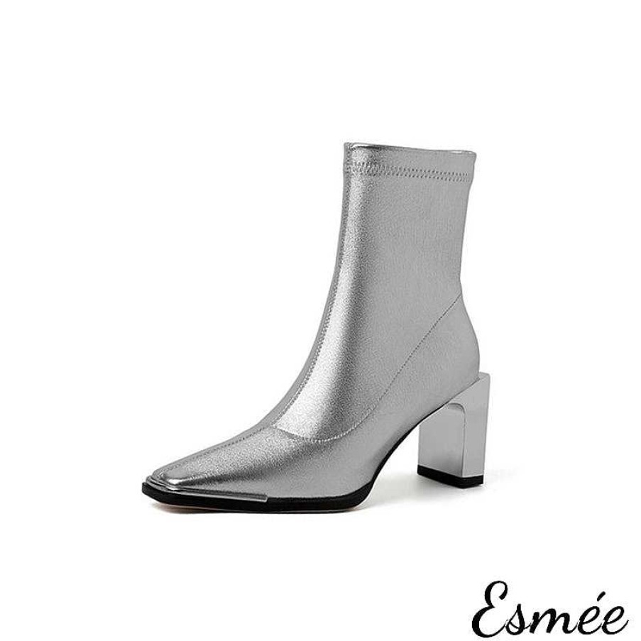 Shoes Esmée | Metallic Leather Ankle Boots With Thin Block Heels