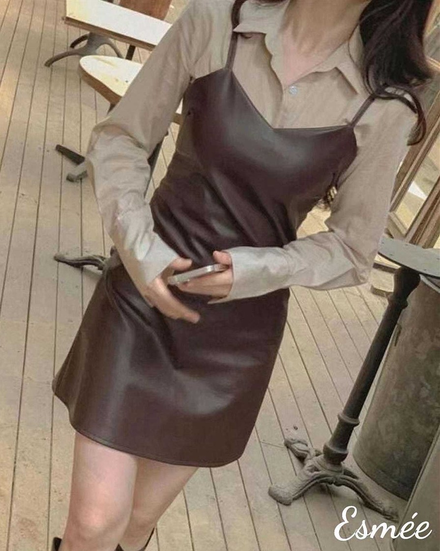 Clothing Esmée | Korean Synthetic Leather One Piece Dress