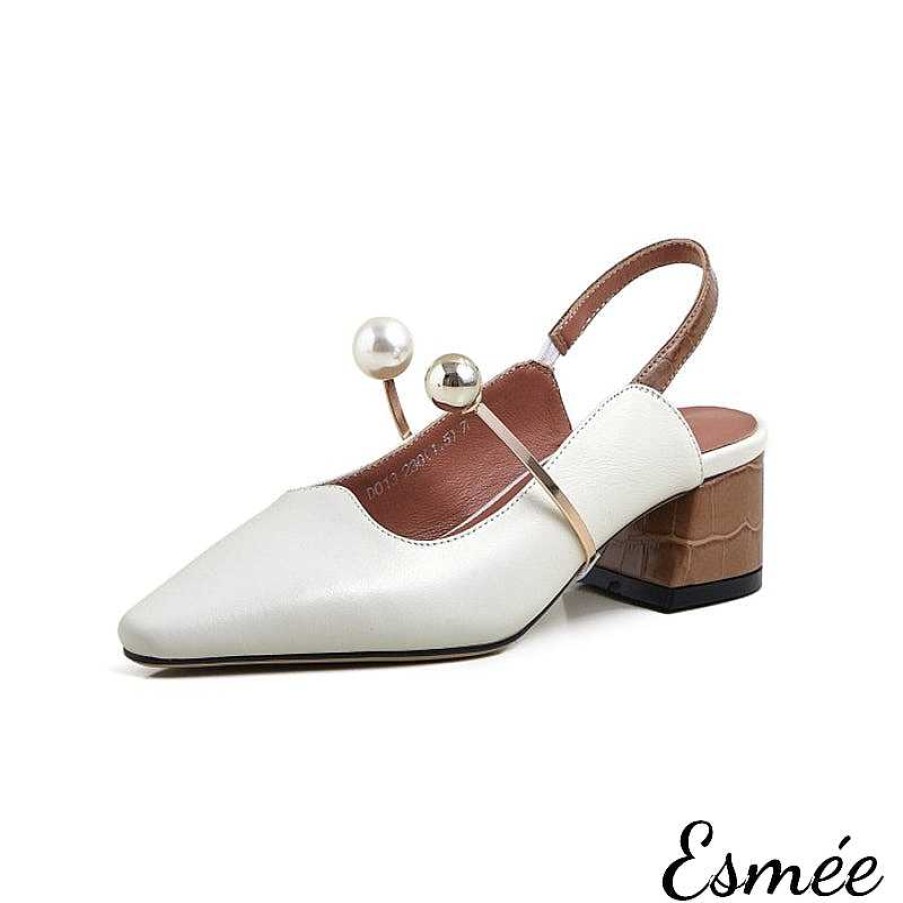 Shoes Esmée | Leather High Heel Slingback With Pearl Rings