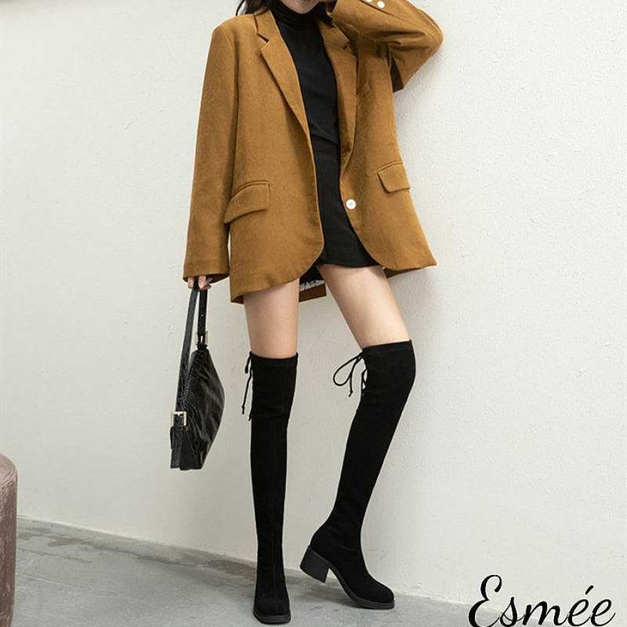 Shoes Esmée | Suede Long Boots With Block Heels And Back Lace-Up Black