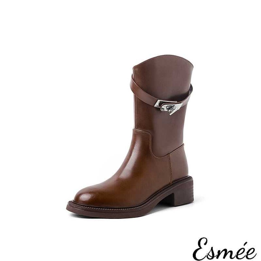 Shoes Esmée | Calfskin Leather Mid Boots With Metal Lock Buckle