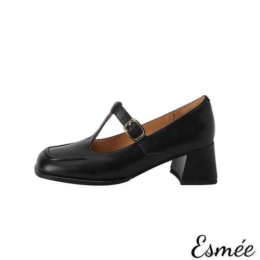 Shoes Esmée | Leather High Heel T Straps With Square Toe Design