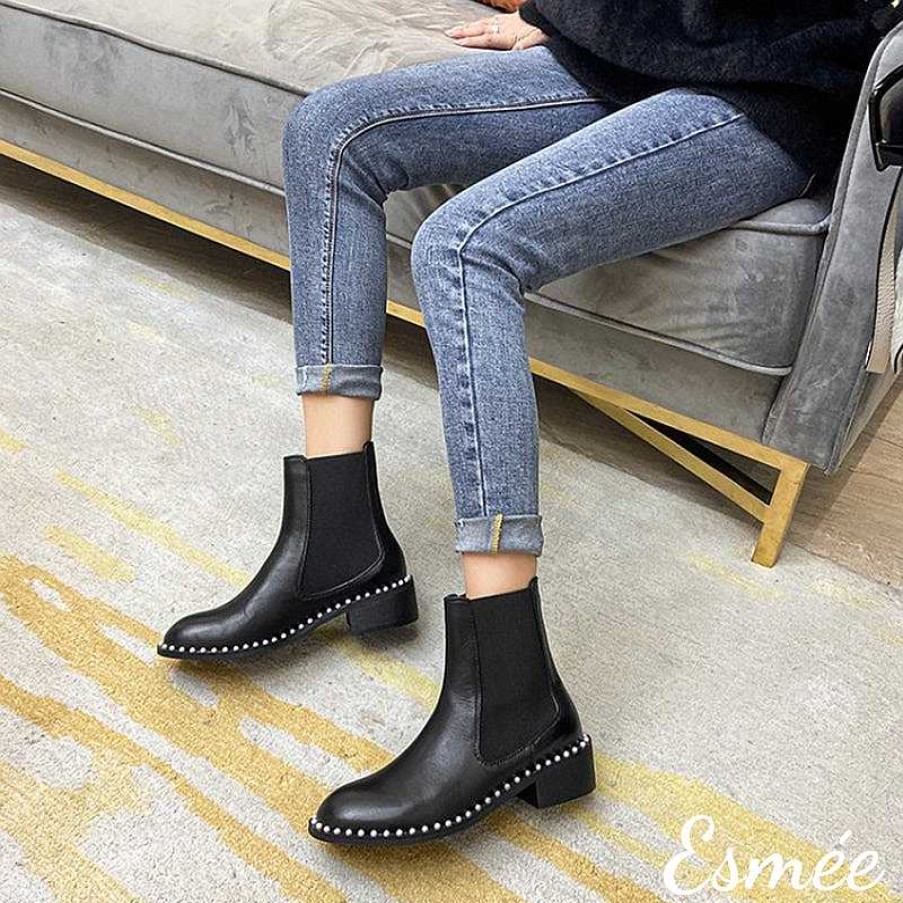 Shoes Esmée | Leather Chelsea Boots With Mini Pearl Design