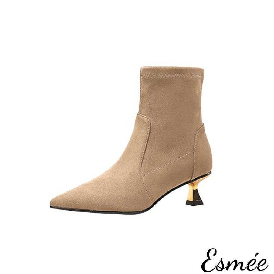 Shoes Esmée | Suede Pointed Toe Ankle Boots With Golden Kitten Heels