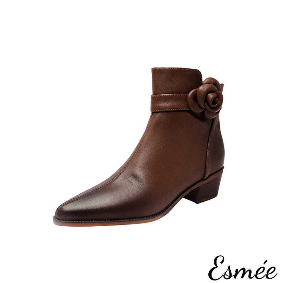 Shoes Esmée | Leather Ankle Boots With Pointed Toe And Rosebud Design