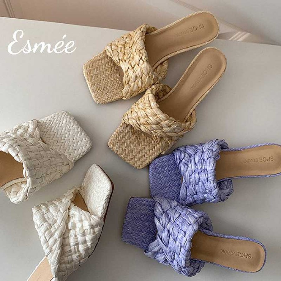 Shoes Esmée | Raffia Woven High Heel Mule Sandals With Square Toe Design