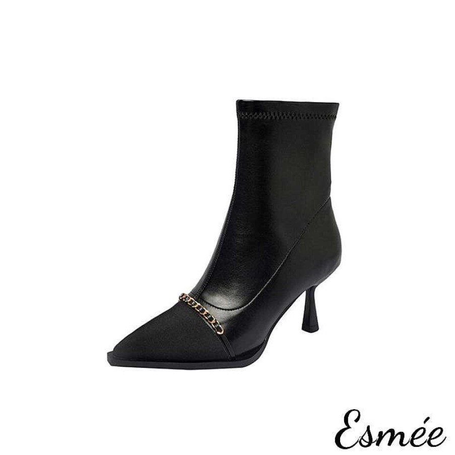 Shoes Esmée | Leather High Heel Ankle Boots With Pointed Toe Cap And Chain Des