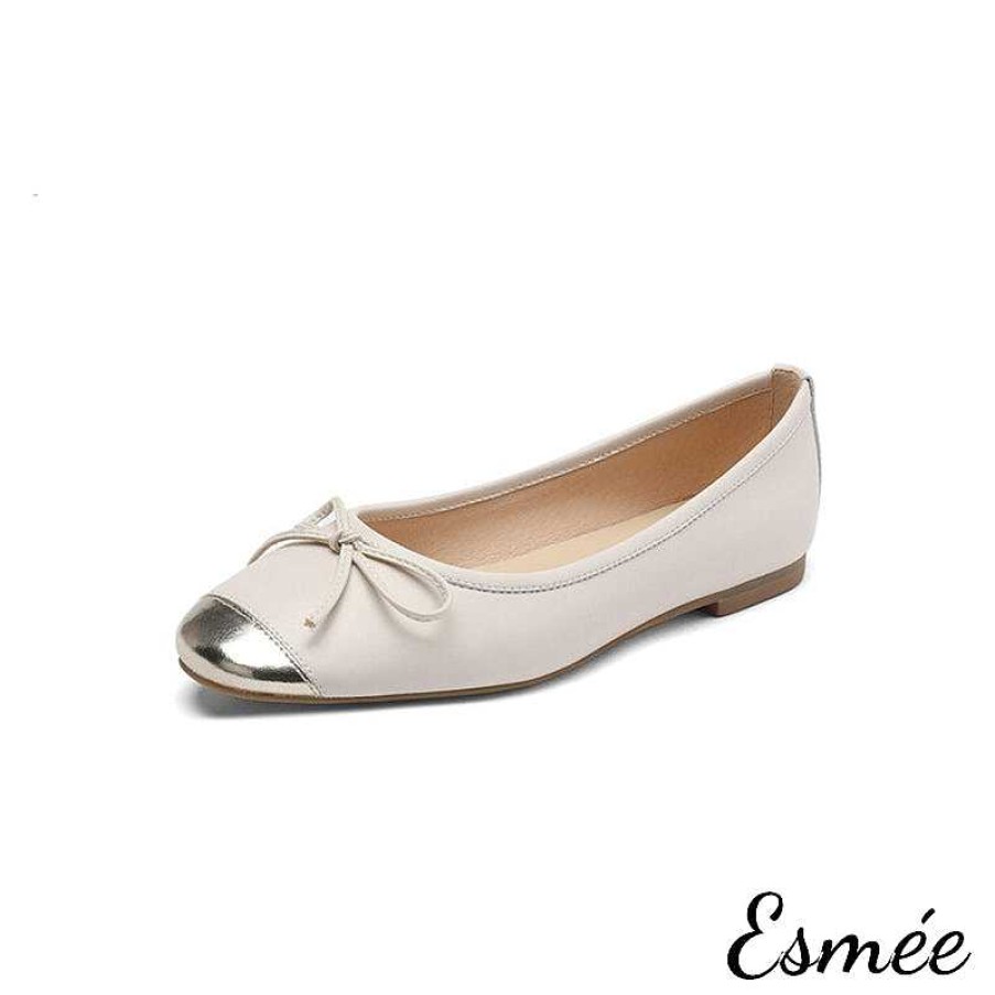 Shoes Esmée | Leather Ballet Flats With Bow Knot And Metallic Toe Cap