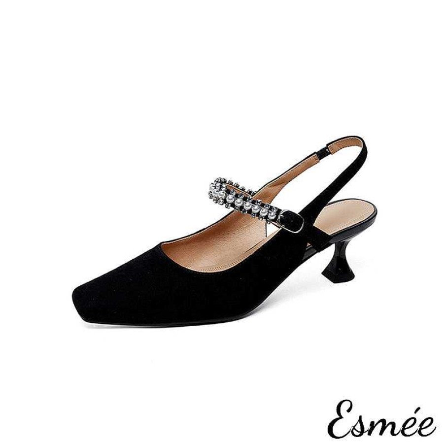 Shoes Esmée | Suede High Heel Slingback With Diamond And Pearl Straps