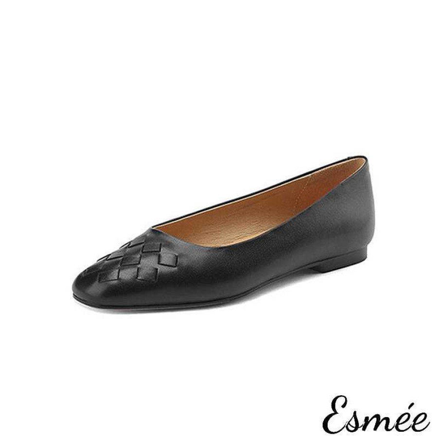 Shoes Esmée | Leather Rounded Toe Flats With Woven Design