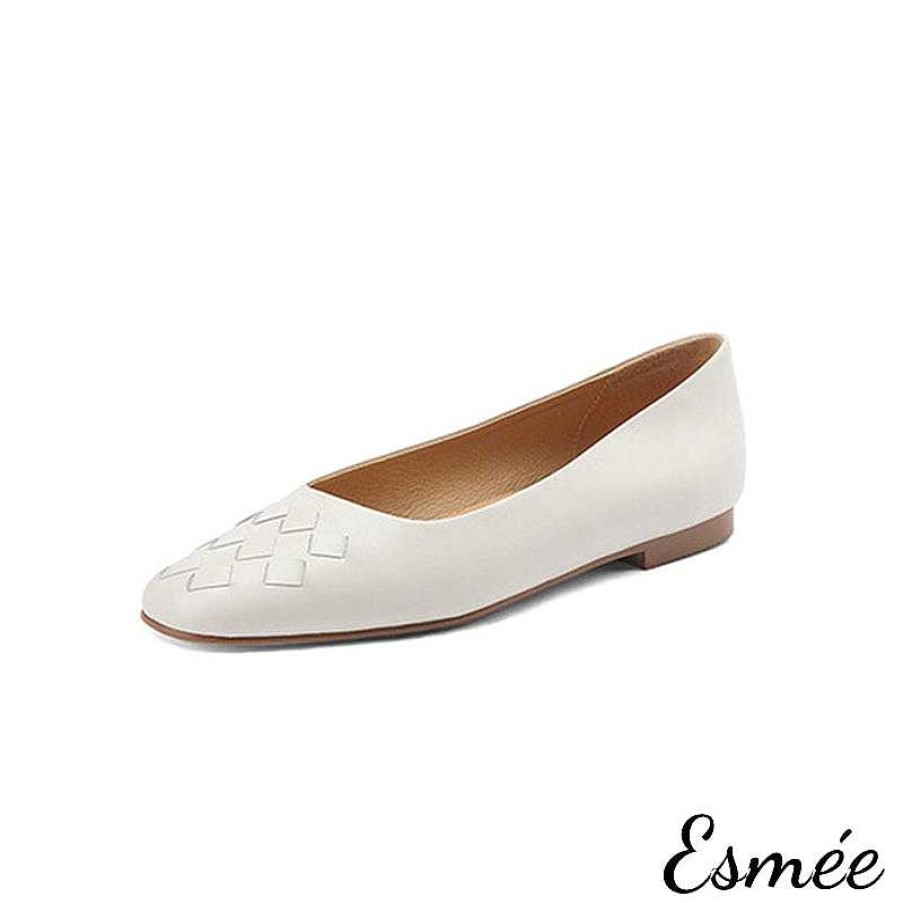 Shoes Esmée | Leather Rounded Toe Flats With Woven Design