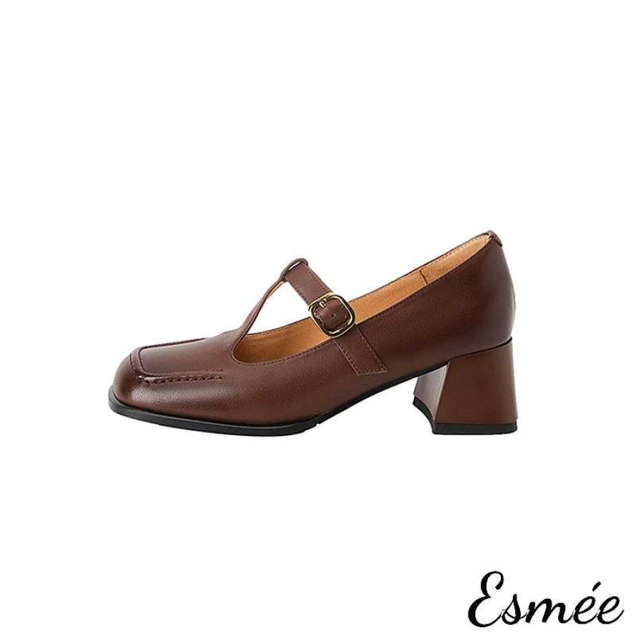 Shoes Esmée | Leather High Heel T Straps With Square Toe Design