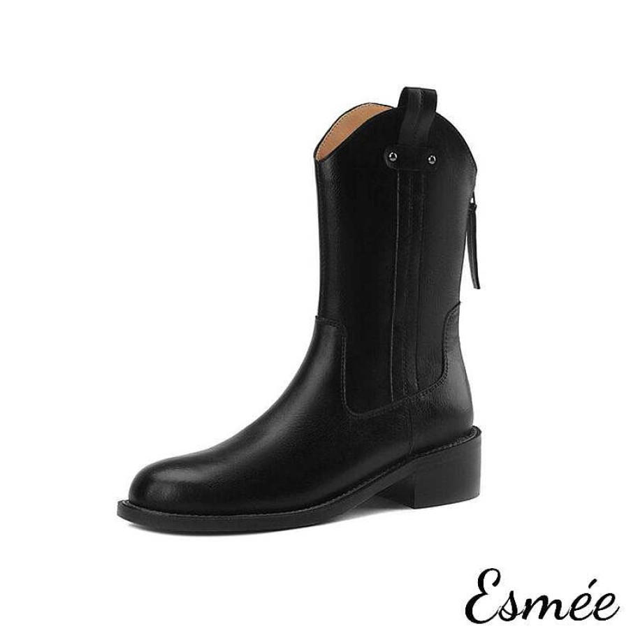 Shoes Esmée | Leather Cowboy Mid Boots With Pull Straps Design