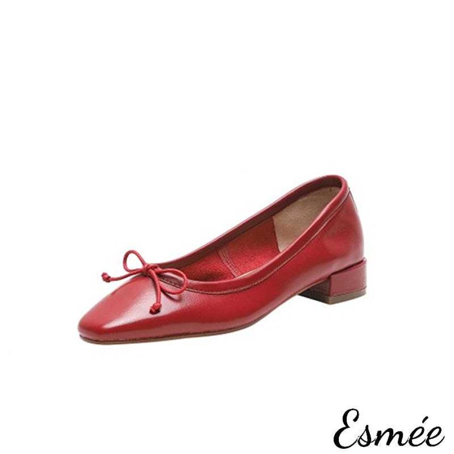 Shoes Esmée | Leather Square Toe Low Heels With Bow Knot And 2.5 Cm Block Heels