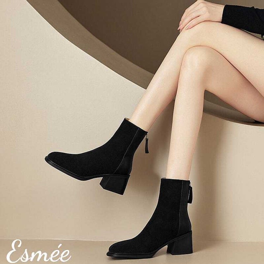 Shoes Esmée | Suede Leather Ankle Boots With Block Heels