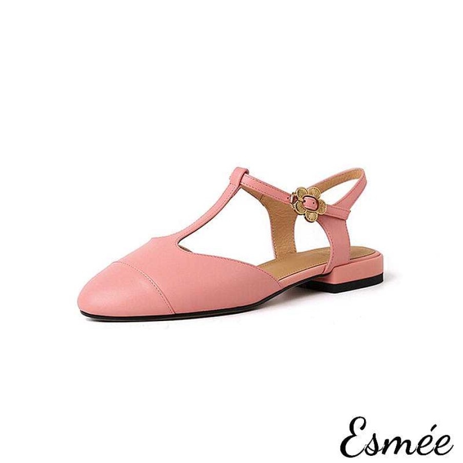 Shoes Esmée | Leather T-Straps Sandals With Flower Buckle