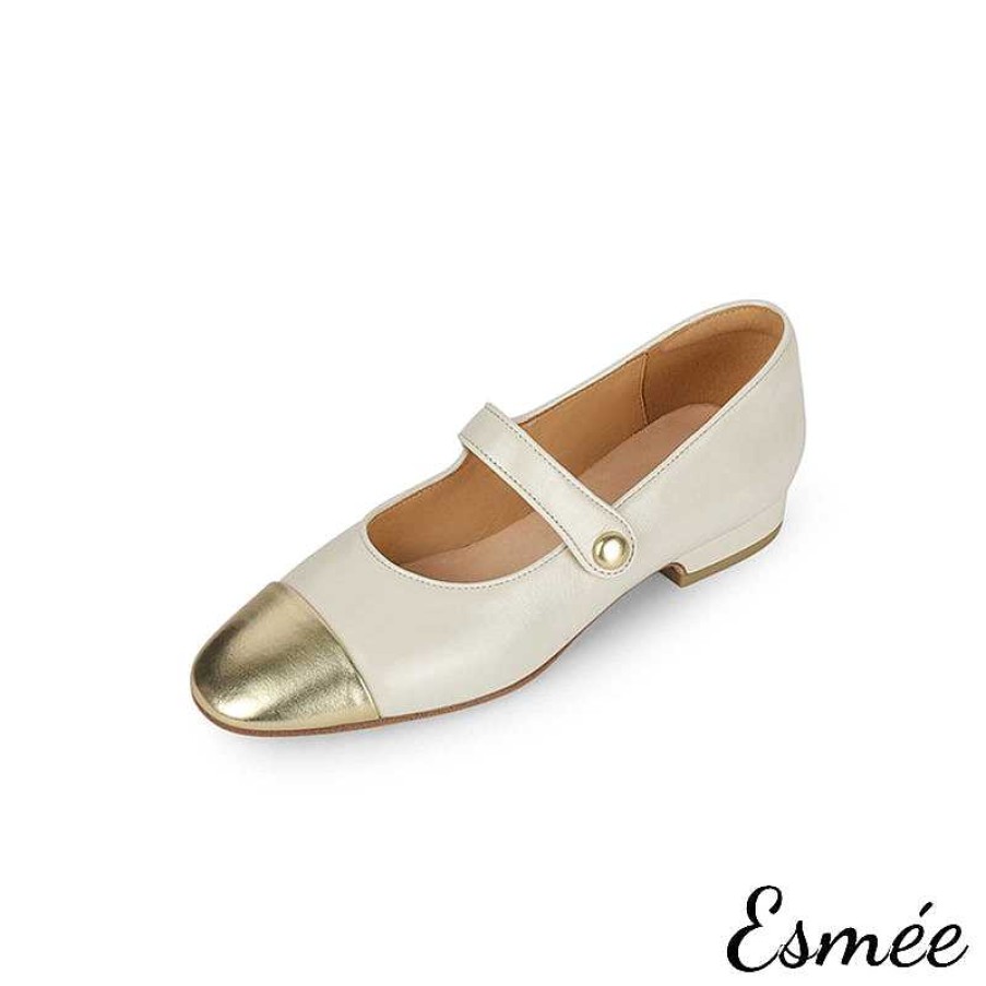 Shoes Esmée | Leather Mary Janes With Golden Toe Cap Beige