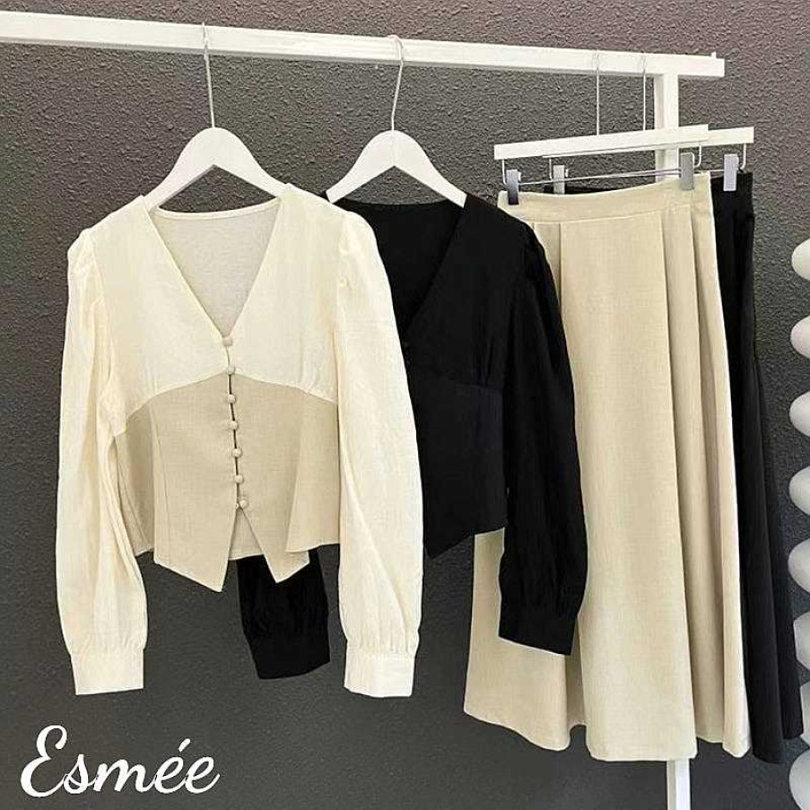 Clothing Esmée | Korean Linen Outfit Set With Dual Color Shirt And Long Dress