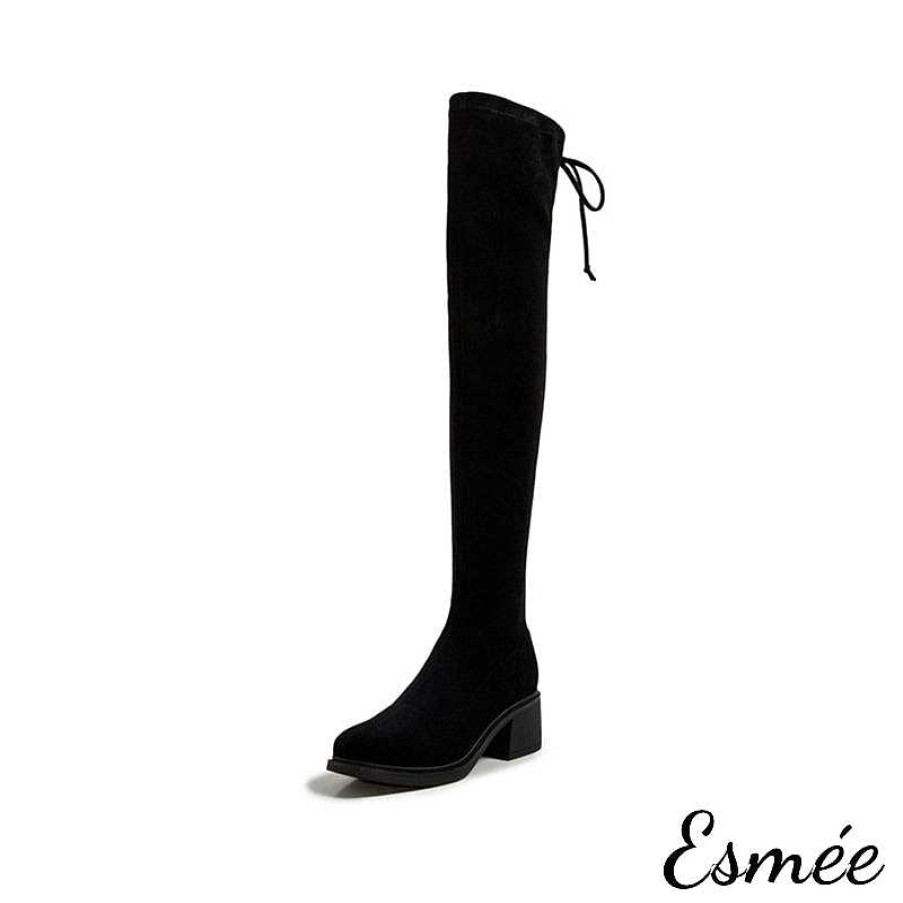 Shoes Esmée | Suede Long Boots With Block Heels And Back Lace-Up Black