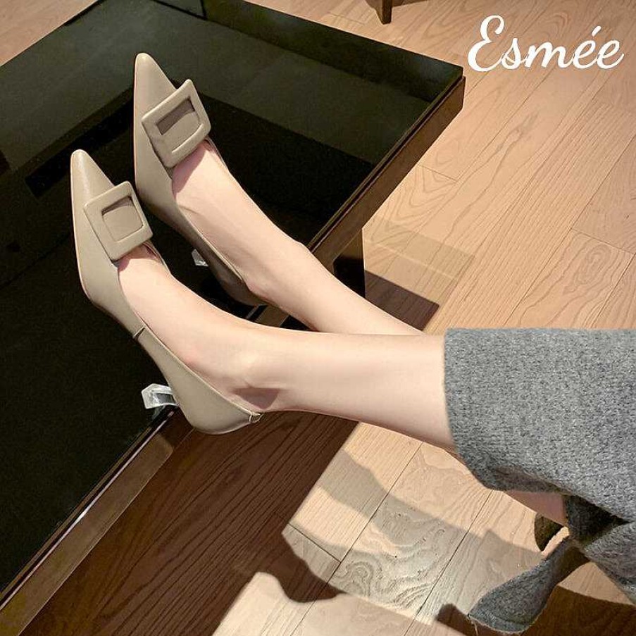 Shoes Esmée | Leather High Heels With Square Buckle And Transparent Heels