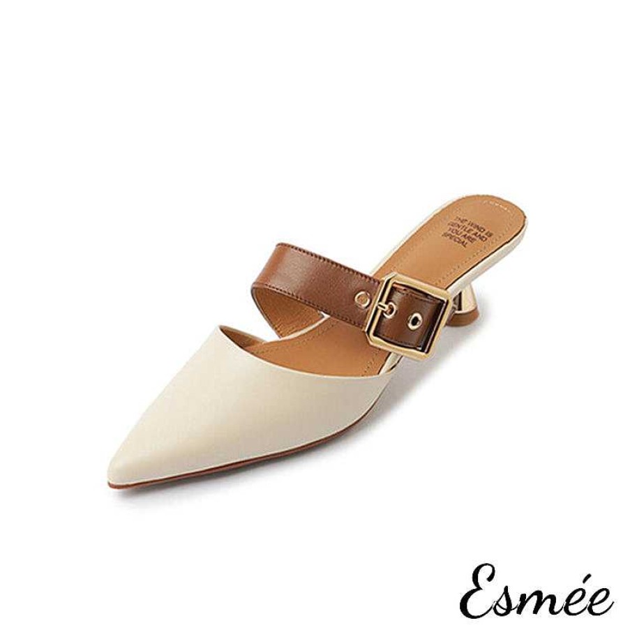 Shoes Esmée | Leather High Heel Mules With Dual Color Thick Buckle Straps