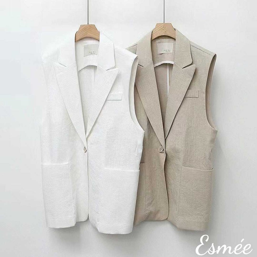 Clothing Esmée | Korean Linen Waistcoat With Notch Lapel And Pocket Free Size