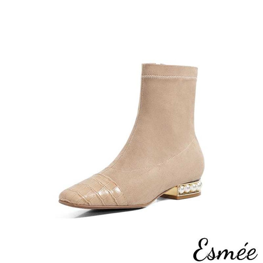 Shoes Esmée | Suede Ankle Boots With Pearl Heels And Alligator Toe Cap