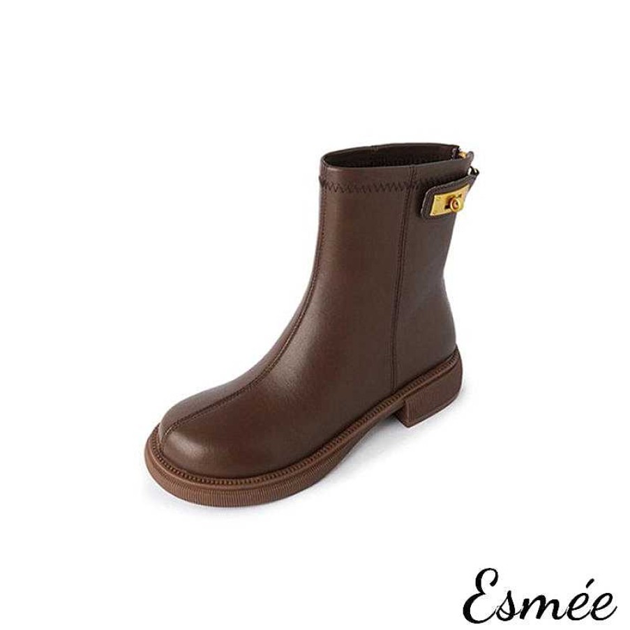 Shoes Esmée | Leather Ankle Boots With Round Toe And Metal Buckle