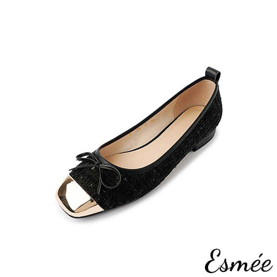 Shoes Esmée | Tweed Fabrics Flats With Bow Knot And Golden Toe Cap