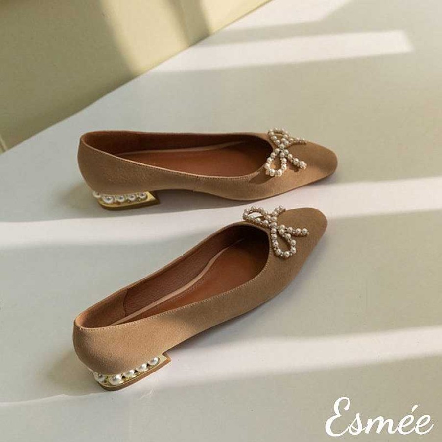 Shoes Esmée | Suede Pearl Low Heels With Pearl Bow Knot