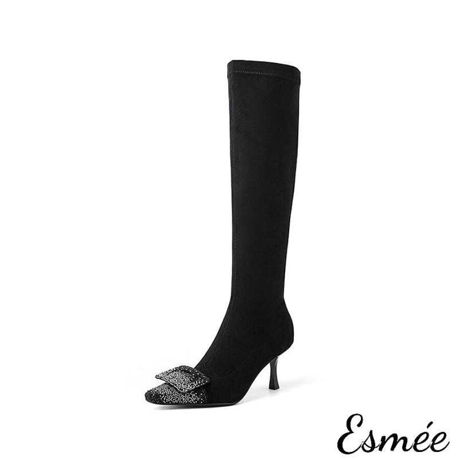 Shoes Esmée | Suede Long Boots With Stiletto Heels And Rhinestone Buckle Design Black