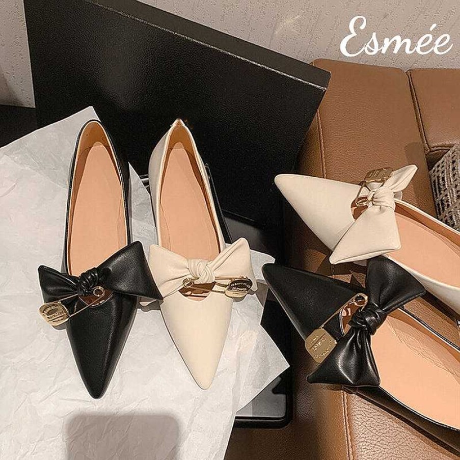 Shoes Esmée | Leather Flats With Big Bow Knot And Pin Buckle Design