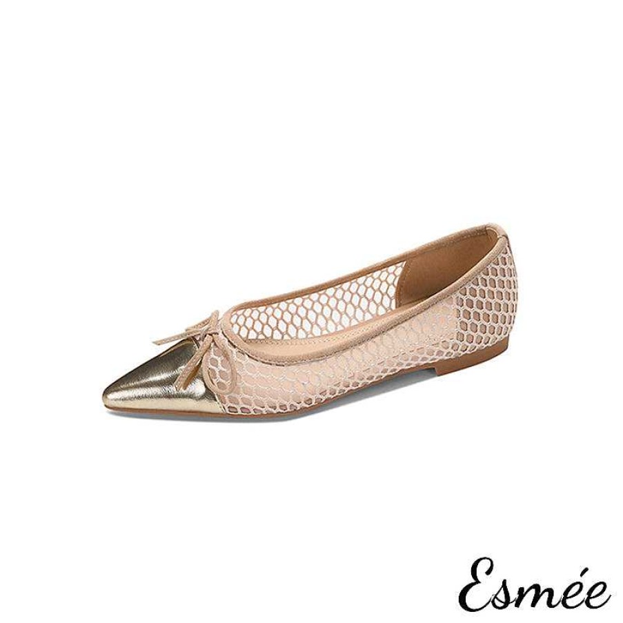 Shoes Esmée | Net Fabrics Flats With Golden Toe Cap And Bow Knot