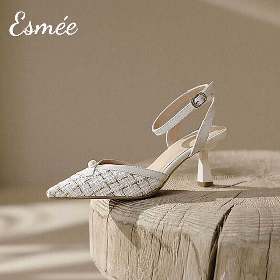 Shoes Esmée | Tweed Fabrics High Heel Sandals With Pearl Design