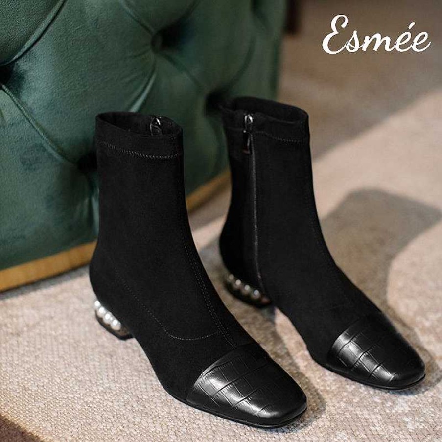 Shoes Esmée | Suede Ankle Boots With Pearl Heels And Alligator Toe Cap