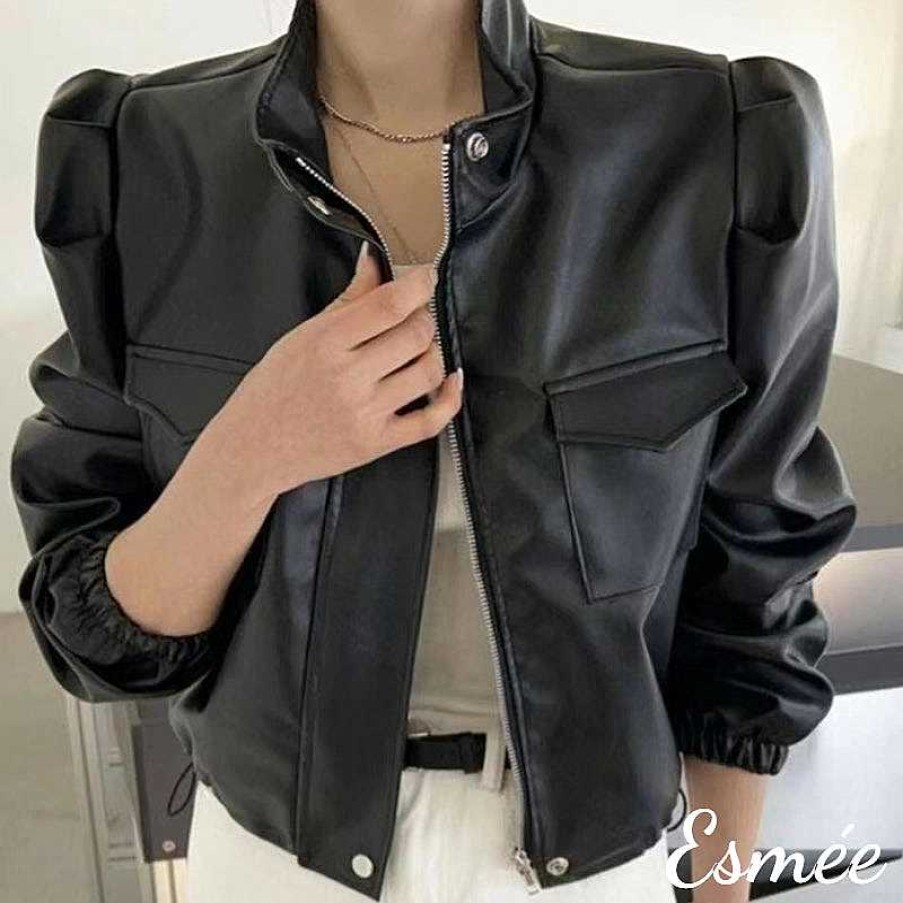 Clothing Esmée | Korean Synthetic Leather Jacket With Puffed Sleeves