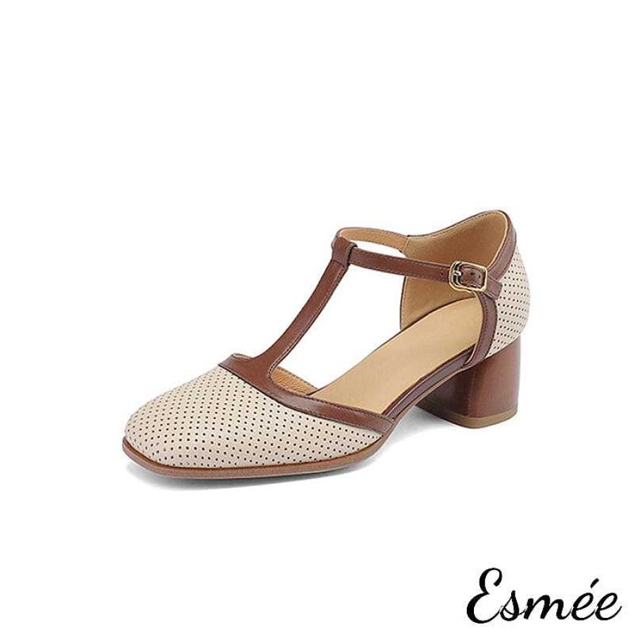 Shoes Esmée | Leather High Heel T-Straps Sandals With Dual Color Design