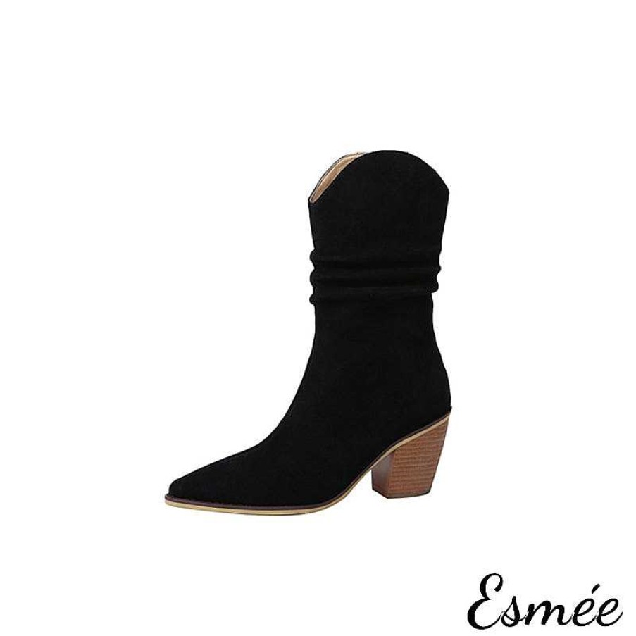 Shoes Esmée | Suede Mid Riding Boots With Cylinder Heels