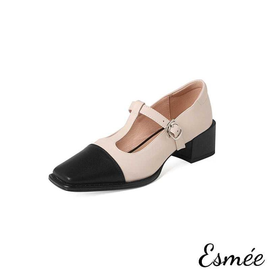 Shoes Esmée | Leather High Heel T-Straps With Square Toe Cap