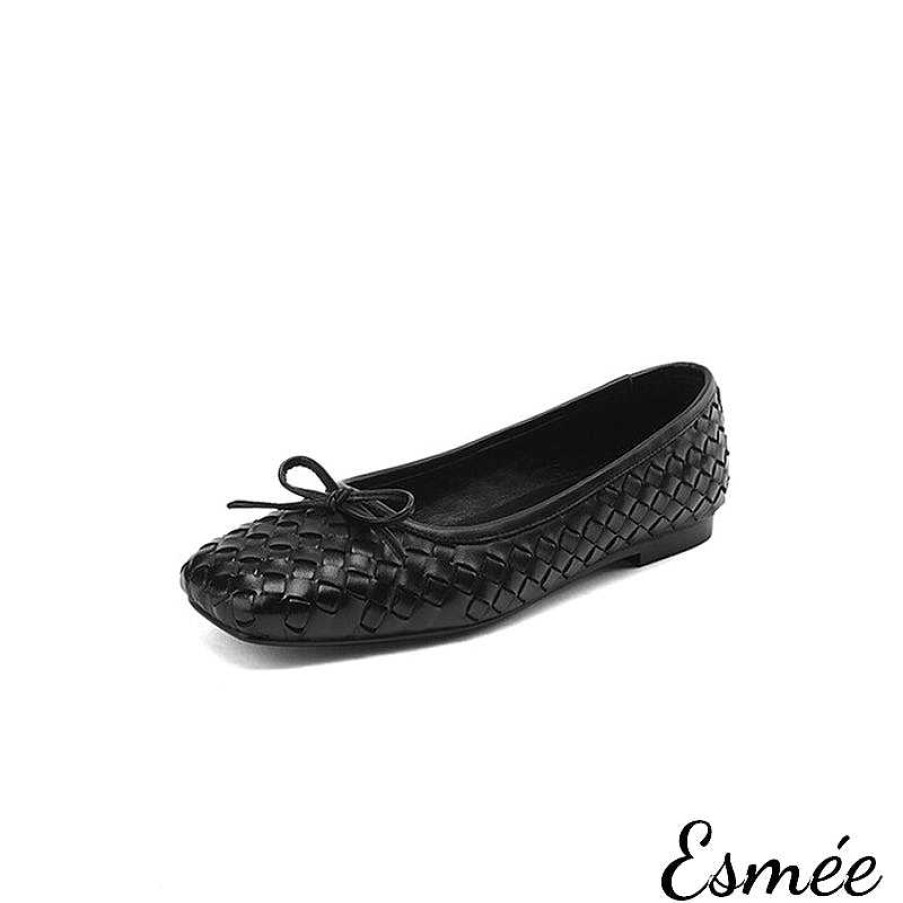 Shoes Esmée | Leather Squared Toe Flats With Woven Design